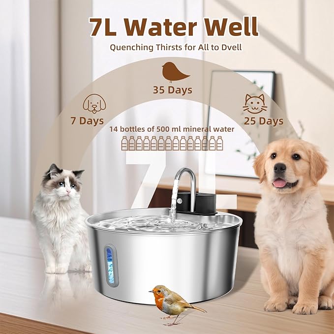 Dog Water Fountain for Large Dogs, 7L/1.8Gal 4200mAh Cordless Water Dispenser for Dogs, Stainless Steel Automatic Pet Water Fountain Indoor/Outdoor with Ultra-Quiet Pump Multi-Filter, Easy Clean