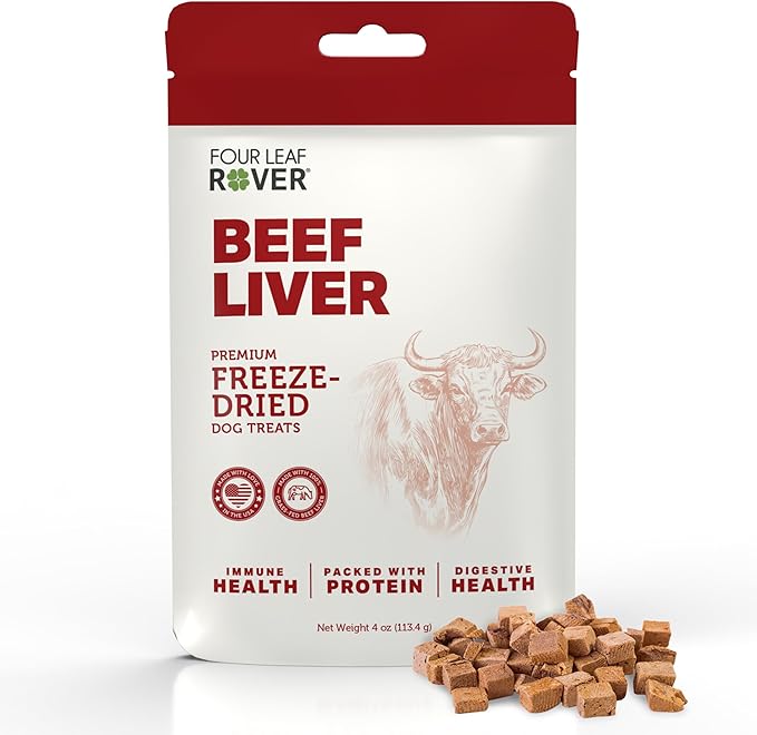 FOUR LEAF ROVER Beef Liver Dog Treats - Grass Finished New Zealand Beef Liver - Raw Freeze Dried Single Ingredient, No Additives - Made in USA - 4 Oz Bag