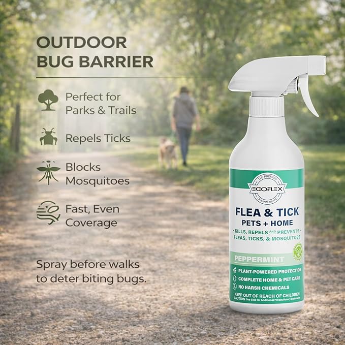 Flea Spray for Home & Pets - Flea and Tick Prevention for Dogs - Plant Based Repellent with Natural Essential Oils for Dog Flea Treatment Protection - Peppermint Scent - 16 Fl Oz