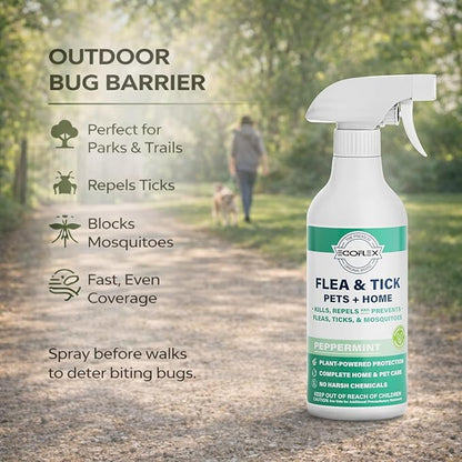 Flea Spray for Home & Pets - Flea and Tick Prevention for Dogs - Plant Based Repellent with Natural Essential Oils for Dog Flea Treatment Protection - Peppermint Scent - 16 Fl Oz
