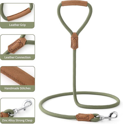 Mile High Life Leather Dog Leash, Heavy Duty Strong Genuine Leather Handle Rope Leash Soft and Comfortable for Small Medium Large Dogs (Olive Green, 60 Inch)