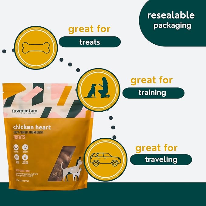 Momentum Carnivore Nutrition Freeze-Dried Chicken Heart Dog Treats & Cat Treats – Single-Ingredient, High-Protein, Grain-Free, Naturally Nutrient-Rich – Made in USA – 3.5 oz Bag