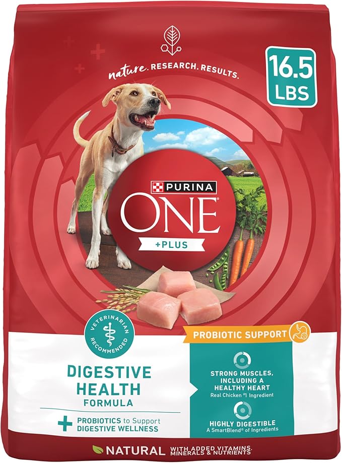 Purina One Plus Digestive Health Formula Dry Dog Food Natural with Added Vitamins, Minerals and Nutrients - 16.5 Lb. Bag