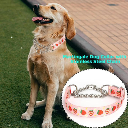 Pink Strawberry Martingale Dog Collar with Chain - No-Pull Training Collar Soft & Durable Design for Medium, Large & XL Dogs (XL Strawberry)