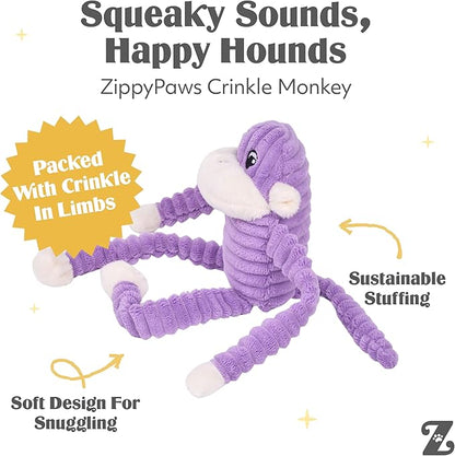 ZippyPaws Crinkle Monkey - Interactive Dog Toys to Keep Them Busy, Squeaky Plush Pet Toy for All Breeds, Small and Medium Dogs, Contains 1 Round Squeaker - Small, Purple
