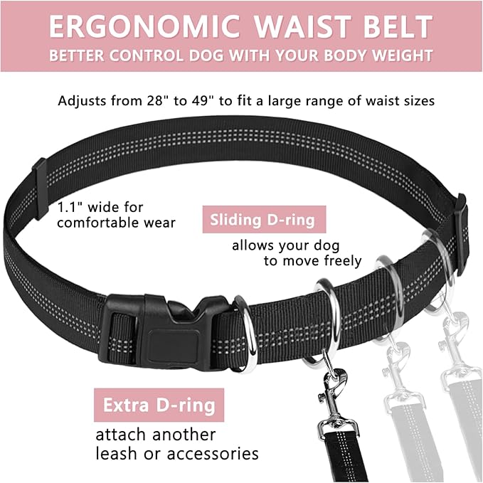 LANNEY Hands Free Dog Leash, Waist Running Leash with Zipper, Walking Pouch for Medium Large Dogs, Dual Handle and Retractable Bungee for Training Jogging Hiking(25-120 lbs, Pink)