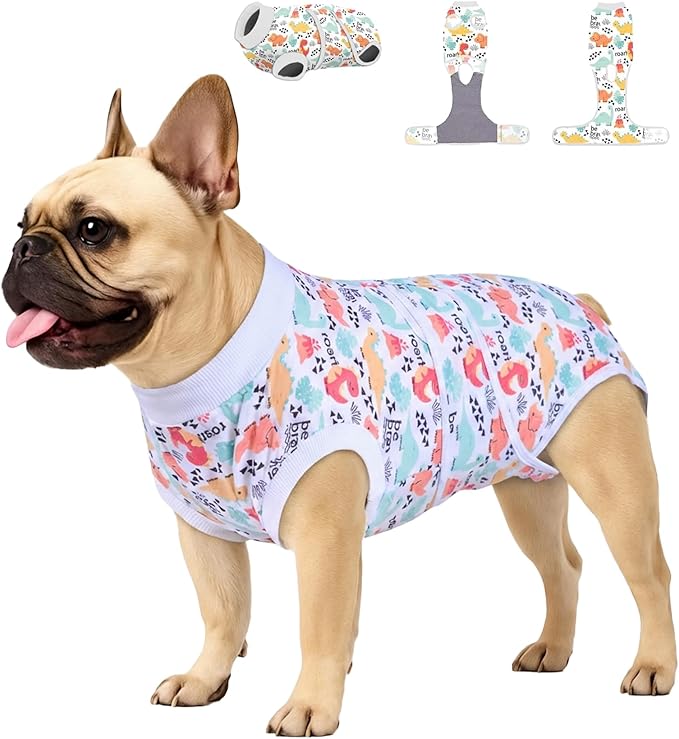 PetWarm Dog Neuter Recovery Suit Male, Onesies for Dogs, Bodysuit for Abdominal Affected Areas Sensitive Skin Areas, E-Collar and Dog Cone Alternative After Surgery, Dinosaur Pattern, White, XS