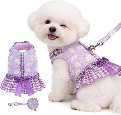 EXPAWLORER Dog Harness Small Medium Sized Dogs, Daisy Dog Dress Bowknot Harness and Leash Set, No Choke No Pull Soft Mesh Vest Cute Princess Puppy Outfits Clothes Costume for Girls Party Cats Purple S
