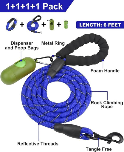 Dynmeow Reflective Dog Collar and Leash Set, 6FT Strong Climbing Rope Leash with Padded Handle, Adjustable Pet Collar with Soft Neoprene Padding for Medium Large Dogs, Navy-Blue, M