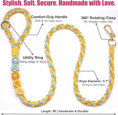 Handmade 5ft Braided Cotton Dog Leash with Unique Floral Handle, Durable and Stylish, Ideal for Small to Large Dogs(Sunshine Breeze)