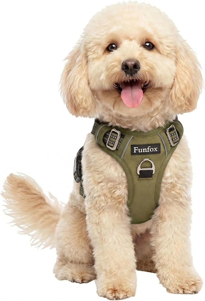 Funfox Dog Harness No Pull, Adjustable Pet Vest Harness, Super Soft Material with Vertical Handle Easy Control, Reflective Night Walking, 2 Leash Clips for Small Sized Dogs, Army Green, S