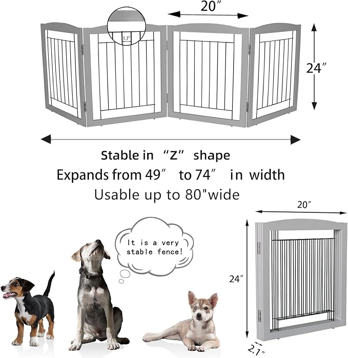 ZJSF Freestanding Foldable Dog Gate for House Extra Wide Wooden Grey Puppy Gate Stairs Dog Gates Doorways Tall Pet Gate 24" Height 4 Panels Pet Fence