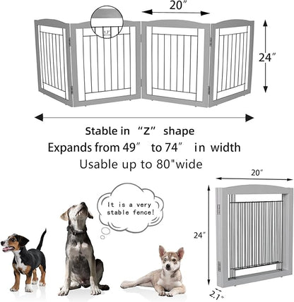 ZJSF Freestanding Foldable Dog Gate for House Extra Wide Wooden Grey Puppy Gate Stairs Dog Gates Doorways Tall Pet Gate 24" Height 4 Panels Pet Fence