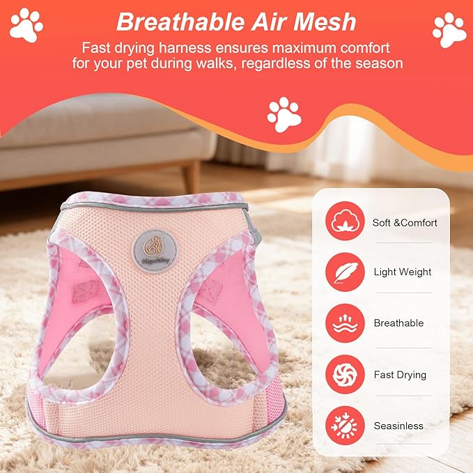 Hipubby Dog Harness Small Sized and Leash Set, No Pull Soft Mesh Puppy Vest, Reflective Breathable Lightweight Pet Harness, Harness for Small Medium Dogs and Cats - Light Pink S