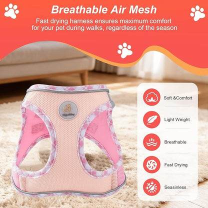 Hipubby Dog Harness Small Sized and Leash Set, No Pull Soft Mesh Puppy Vest, Reflective Breathable Lightweight Pet Harness, Harness for Small Medium Dogs and Cats - Light Pink L