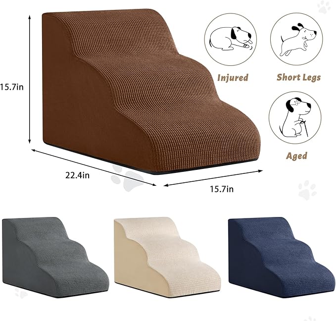 Aodisman 3-Step Dog Ramp and Stairs for Sofa and Chair - Non-Slip Sturdy Pet Steps for Small Dogs and Cats,15.7" H,Brown