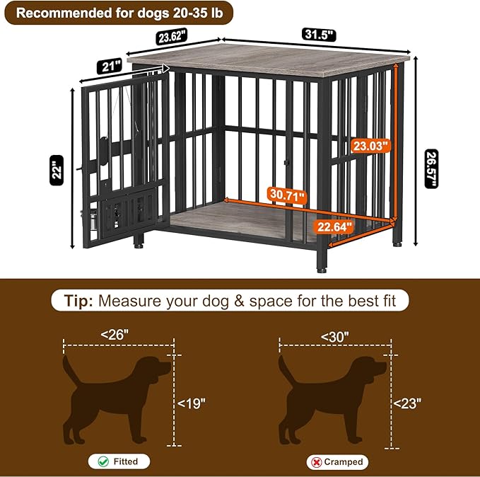 Easycom 31" Dog Crate Furniture Foldable, No Assembly Decorative Dog Kennel Indoor, Dog Crates for Medium Dogs(20-35 lb), Wooden Dog Cage with Adjustable Bowls and Name Tag, End Table, Oak Grey