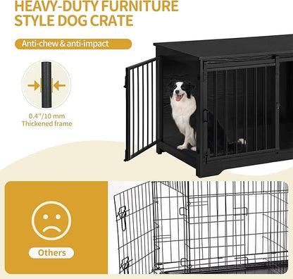 Hzuaneri 39.3" Dog Crate Furniture with Barn Door, Heavy Duty Dog Kennel Indoor with 2 Doors, Wooden Pet Cage End Table for Large Small Medium Dogs, Anti-Chew Anti-Escape, Black DFC02304B