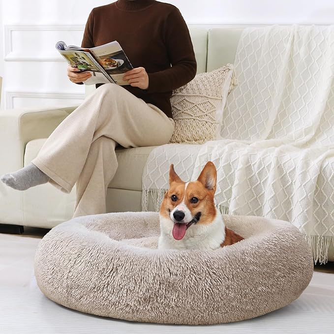 JOLLYVOGUE Dog Beds Large Sized Dog, 36 inches Calming Soft Anti-Anxiety Donut Dogs Bed, Washable Round Fluffy Cushion for Large Pets, Fits up to 80 lbs Pets
