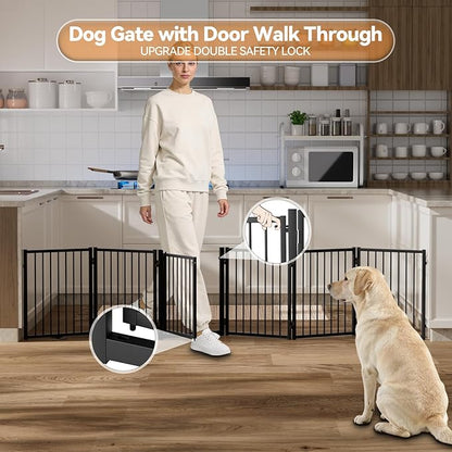 SNUOWU Full Metal Freestanding Dog Gate with Door, 24'' Height Foldable Pet Dog Fence for Indoor & Outdoor, 6 Panels Extra Wide Free Standing SmallDog Gates for Doorways,House,Stairs,Porch,Deck,Yard