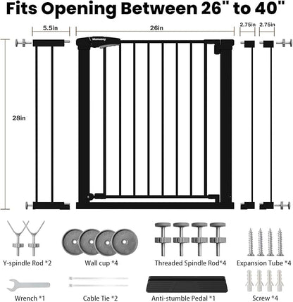 Baby Gate for Stairs, 26-40" Auto Close Dog Gate for Doorways, Pressure Mounted Child Gate with Walk Thru Door, Easy Install Safety Gate for Children and Pets, Black