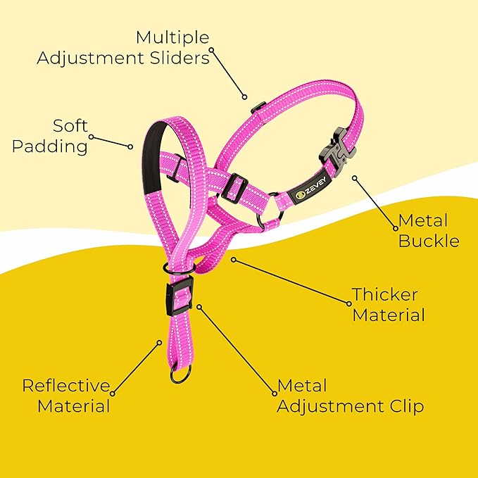 Adjustable Dog Head Halter with Safety Strap, Soft Padded Dog Head Collar for Small Medium Large Dogs, No-Pull Dog Harness for Training and Walking (Medium, Pink)