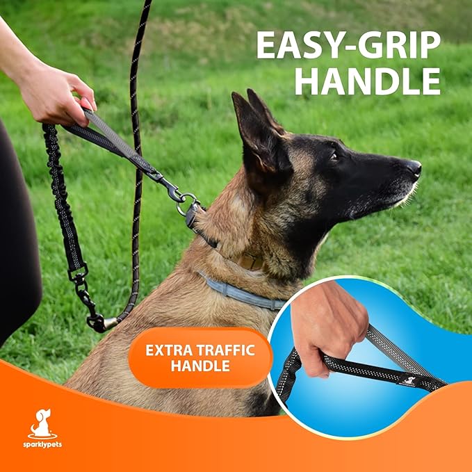 SparklyPets - Heavy Duty Bungee Rope Leash for Large and Medium Dogs - No Pull, Shock Absorber Long Dog Training Lead - No Slip Reflective Line for Outside (5.5 Ft Bungee Leash)