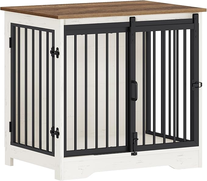 Hzuaneri 27.2" Dog Crate Furniture with Barn Door, Heavy Duty Dog Kennel Indoor with 2 Doors, Wooden Pet Cage End Table for Small Medium Dogs up to 22 lb, Anti-Chew Anti-Escape, White Brown DFC84314B