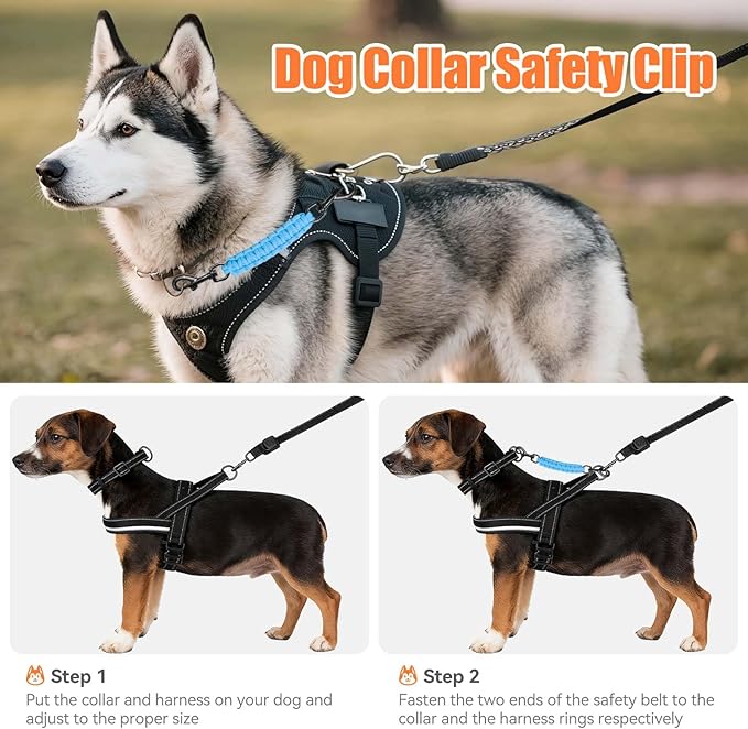 Dog Collar Safety Clip, Collar Companion, Handmade Backup Safety Strap, Double-Ended Clip Leash Connector, Suitable for Dog Harnesses, Prong, Pinch Collars (Sky Blue, 1 Pack)