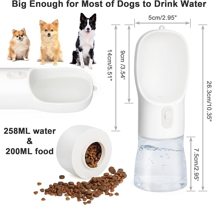 Portable Dog Water Bottle - Leak Proof Dog Water Dispenser with Bowl & Food Container, Dishwasher Safe Food Grade Plastic for Pet Puppy Outdoor Walking Hiking Travel White
