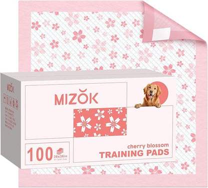 MIZOK 36x36in Puppy Pads Pink, Dog Pee Pads Leak-Proof with Quick-Dry Surface, Dog Pads Extra Large with Cherry Blossom Prints, Pee Pads for Dogs Super Absorbent (100 Count)