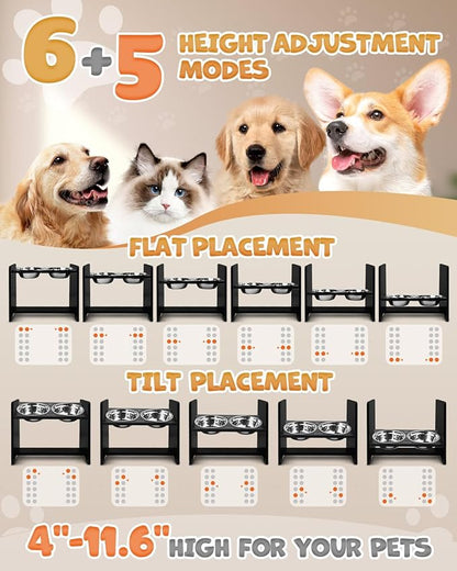 Jovrun Elevated Dog Bowls, Adjustable Raised Dog Bowl Stand for Medium Size Dogs and Cats, Durable Bamboo Dogs Feeder with 2 Stainless Steel Bowls and Non-Slip Feet, Pet Food Bowl for Medium Sizes
