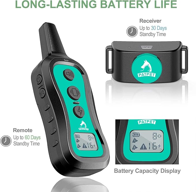 PATPET Dog Shock Collar with Remote Control - 3 Training Modes(Beep,Vibration,Shock) Shock Collar for Dogs, 1000Ft IP67 Waterproof Adjustable Dog Training Collar for Small Medium Large Dogs(Teal)