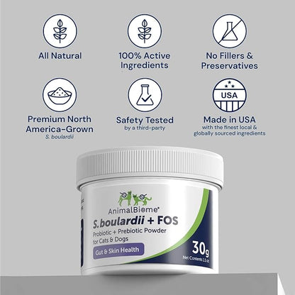 Animal Biome S. Boulardii + FOS Powder Probiotics for Dogs & Cats 30g – Pet Supplements Saccharomyces Boulardii Dog Probiotic with Prebiotic FOS for Gut Health, Digestive Support & Firmer Stool