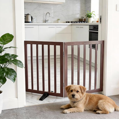 Dog Gate Indoor, Freestanding Dog Fence for The House, Doorways, Hallways,or Stairs,Pet Gate Foldable Wooden,Expandable 24" Height 2 Panels,Brown