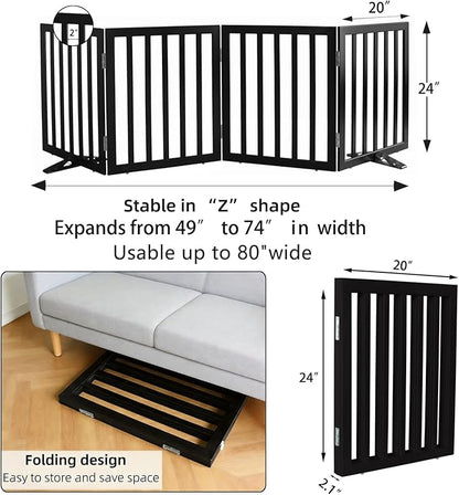 ZJSF Freestanding Indoor Dog Gate for House Foldable Wood Puppy Gate for Doorways Pet Gate for Stairs Extra Wide Pet Fence, Black, 24" Height 4 Panels