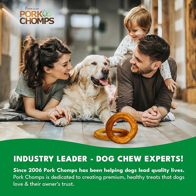 Pork Chomps Roasted Pork Skin Dog Chew, 6 Inch Bagel, 1 Count - Long-Lasting Treats for Dogs - High Protein, Rawhide-Free, Low Fat, Healthy & Delicious Chews