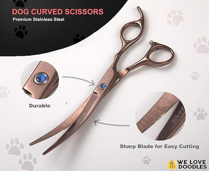 Dog Grooming Scissors Kit - Best Tools for Goldendoodles & Poodles - Straight, Curved & Thinning Shears - Professional Grade Stainless Steel, 4 Pc Set [We Love Doodles]