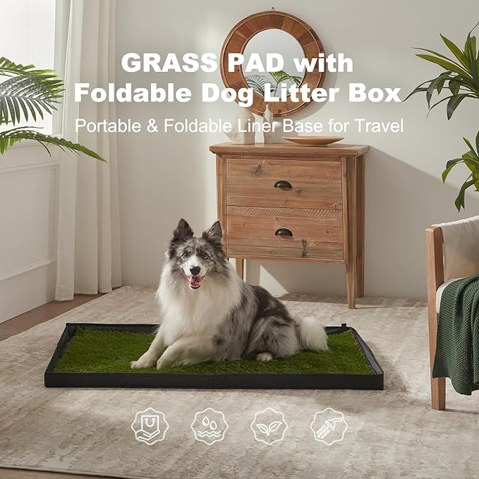 HQ4US 4LEGS Dog Grass Pad with Foldable Dog Litter Box, Extra Large Liner Base (44”×34”) for Balcony, 2 Artficial Grass Pee Pads for Dogs, Pee Pad Holder, Potty Training
