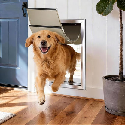Extra Large Dog Door for Wall, XL Dog Door with 2 Self-Closing Insulated Flaps for Extreme Weather, Heavy Duty Aluminum XXL Dogs Doors with Telescoping Tunnel, Pets Up to 230LBS, X-Large, Sliver