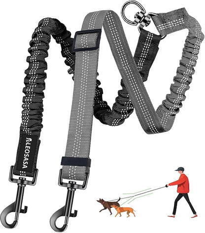 Double Dog Leash - 360°Swivel Tangle Free Splitter Attachment, 2 Dogs Multi-Functional Leashes, Dual Rope for Outdoor Walk Train Small Medium Large Two Pet, Grey