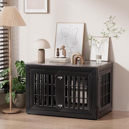 Snuowu 42" Heavy Duty Dog Crate Furniture for Small,Medium and Large Dogs,Rustic Wooden Dog Cage Kennel Indoor Furniture with Waterproof Top,Decorative Pet House Side End Table (Black & Grey)