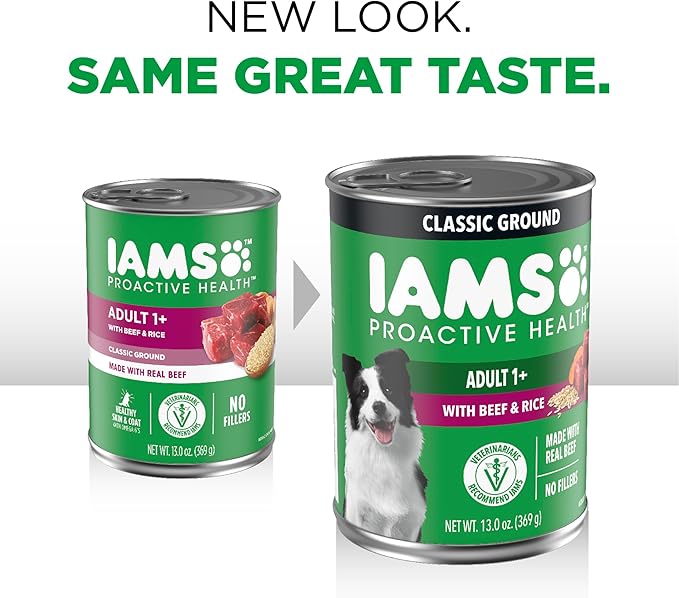 IAMS Proactive Health Wet Dog Food, Adult Wet Dog Food Multipack Ground Dinner, Beef & Rice, 13 oz. Cans (Pack of 12)