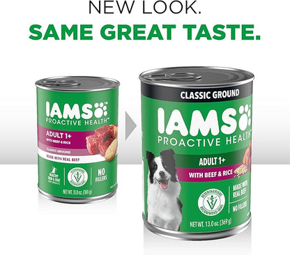 IAMS Proactive Health Wet Dog Food, Adult Wet Dog Food Multipack Ground Dinner, Beef & Rice, 13 oz. Cans (Pack of 12)