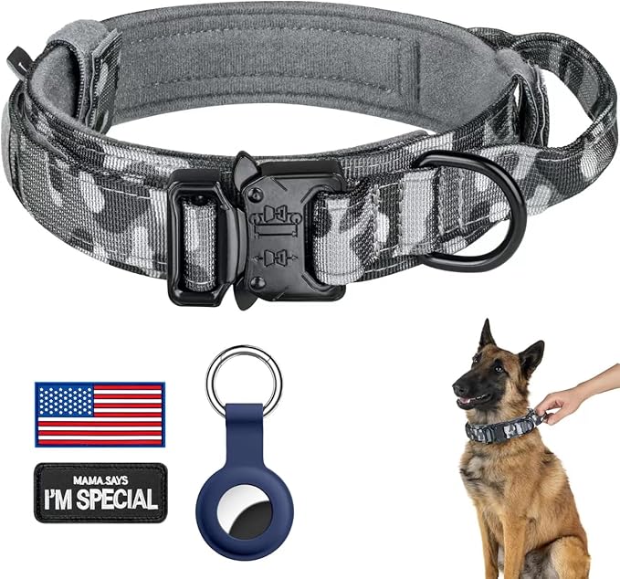 DAGANXI Tactical Dog Collar, Adjustable Military Training Nylon Dog Collar with Control Handle and Heavy Metal Buckle for Medium and Large Dogs, with Patches and Airtags Case (XXL, Camo)