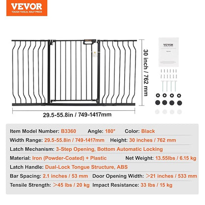 VEVOR 29.5-55.8" Extra Wide Safety Gate for Stairs, Auto Close Dog Gate for The House, Easy Install Pressure Mounted Pet Gates for Doorways, Easy Walk Thru Wide Safety Gate for Dog, Black