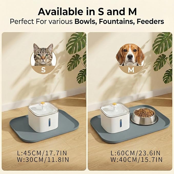 BLESWIN Non-Slip Silicone Dog Food Mat for Food and Water, 18" x 12" Raised Edge Pet Feeding Mat - Waterproof Dog Bowl Mat Easy Clean for Floor Protector,Grey