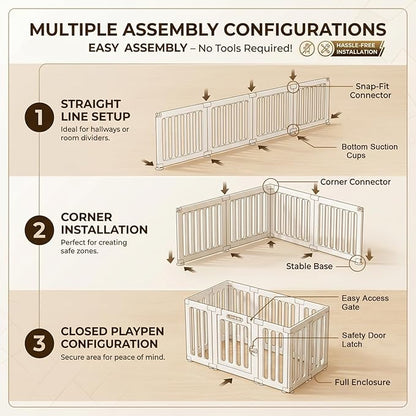 Dog Playpen with Door, Portable Large Puppy Playpen for Indoor & Outdoor Use, Tool-Free Assembly Modern Pet Play Pen for Dogs, Cats & Small Animals