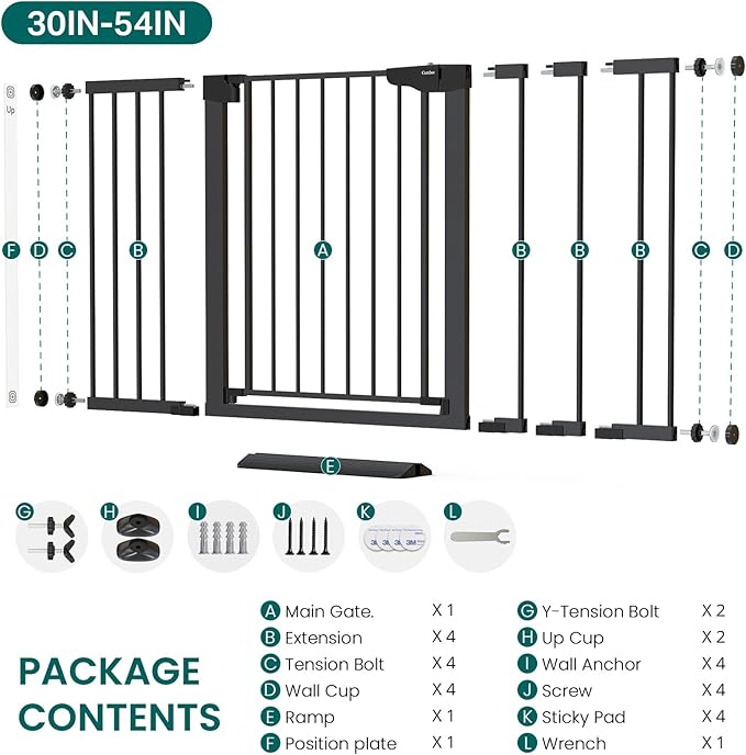 Cumbor 36" Extra Tall Baby Gate, 30-54" Wide Dog Gates for Large Dogs, Dual Lock & Self-Closing Child Gate for Stairs, Doorways & Hallways, Pressure Mounted Safety Proofing for Babies & Pets, Black