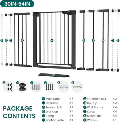Cumbor 30-54" Extra Wide Baby Gate for Stairs, Dual Lock & Self-Closing Dog Gate Indoor, Easy Install Pet Gate for Doorways, Hallways & Kitchen, Easy Walk Thru Safety Proofing for Babies & Pets, Black